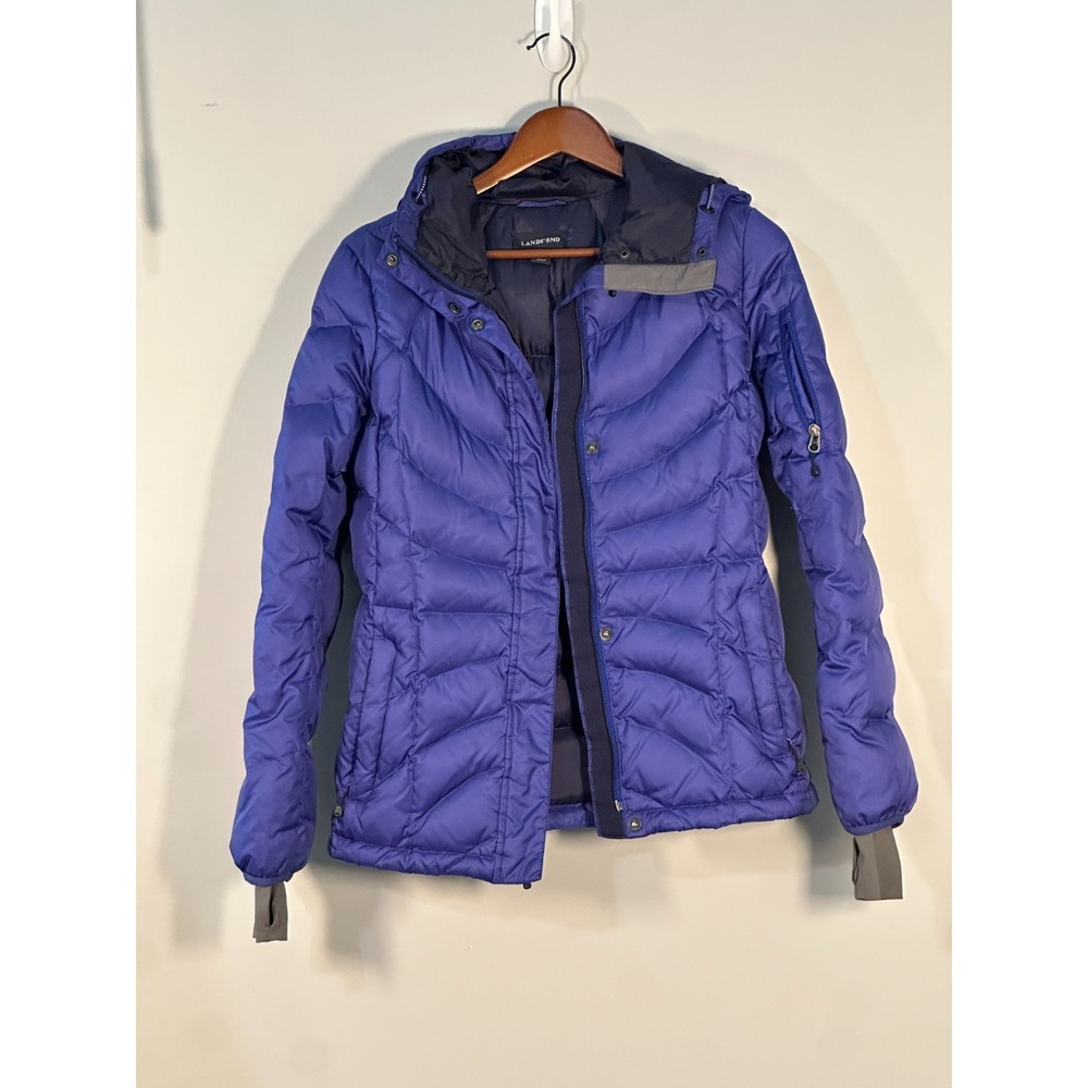 Land's End Blue Long Down Winter Womens XS (2-4 )Coat Puffer Removable Hood Zip